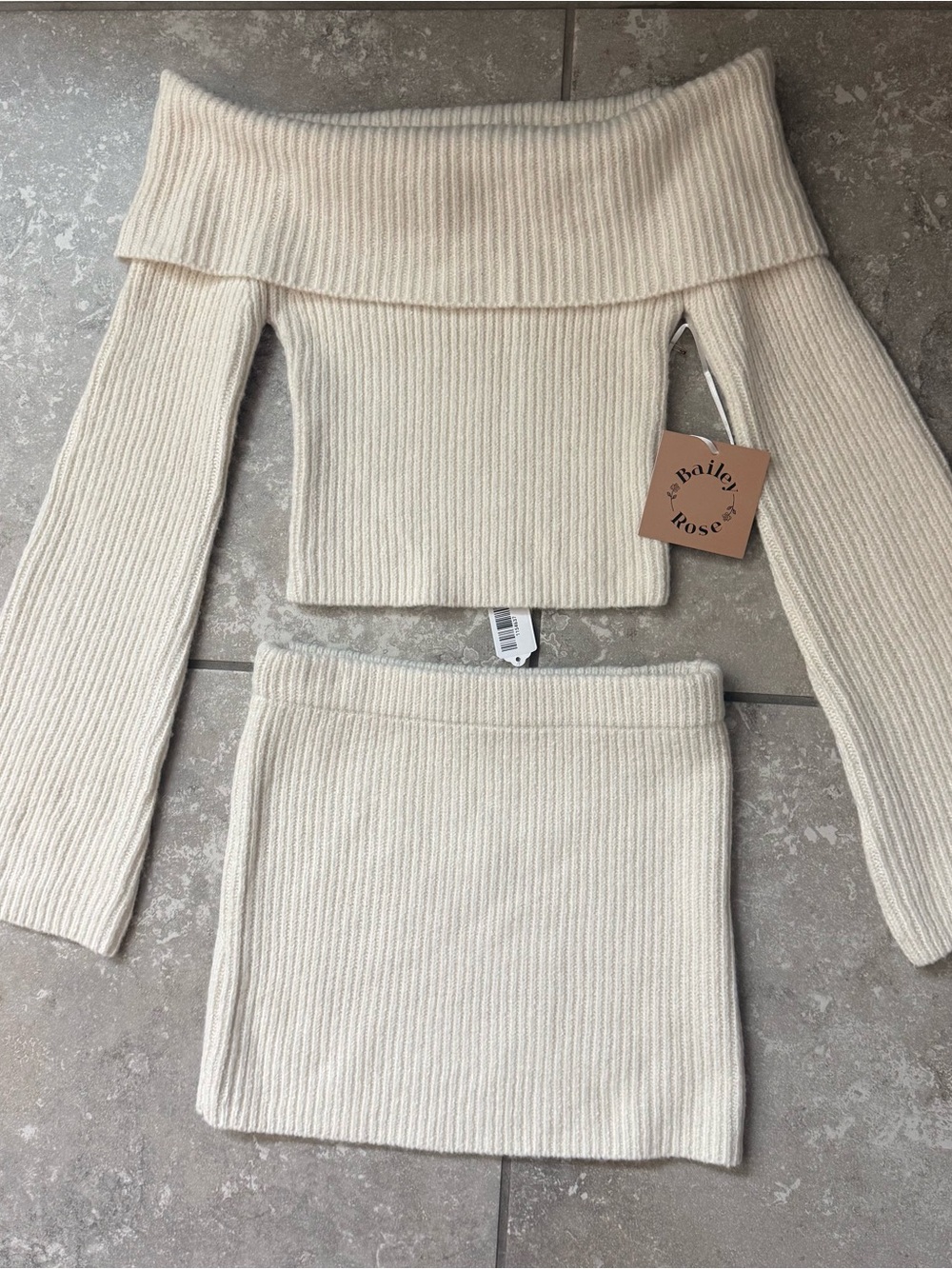 Vici Cream Ribbed Off-Shoulder Knit Set